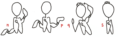 Grammatik-Studien: Hannes Katers Darsteller *15 Protagonist mit *16 Knoten  EIntr&auml;ge n bis s; 2 Knoten an Lunge in 2 Variationen, Arm-Knoten, der auf 4er Gehirn verweist, 3er Gehrin mit Ptotagonist und Knoten-Ring dar&uuml;ber