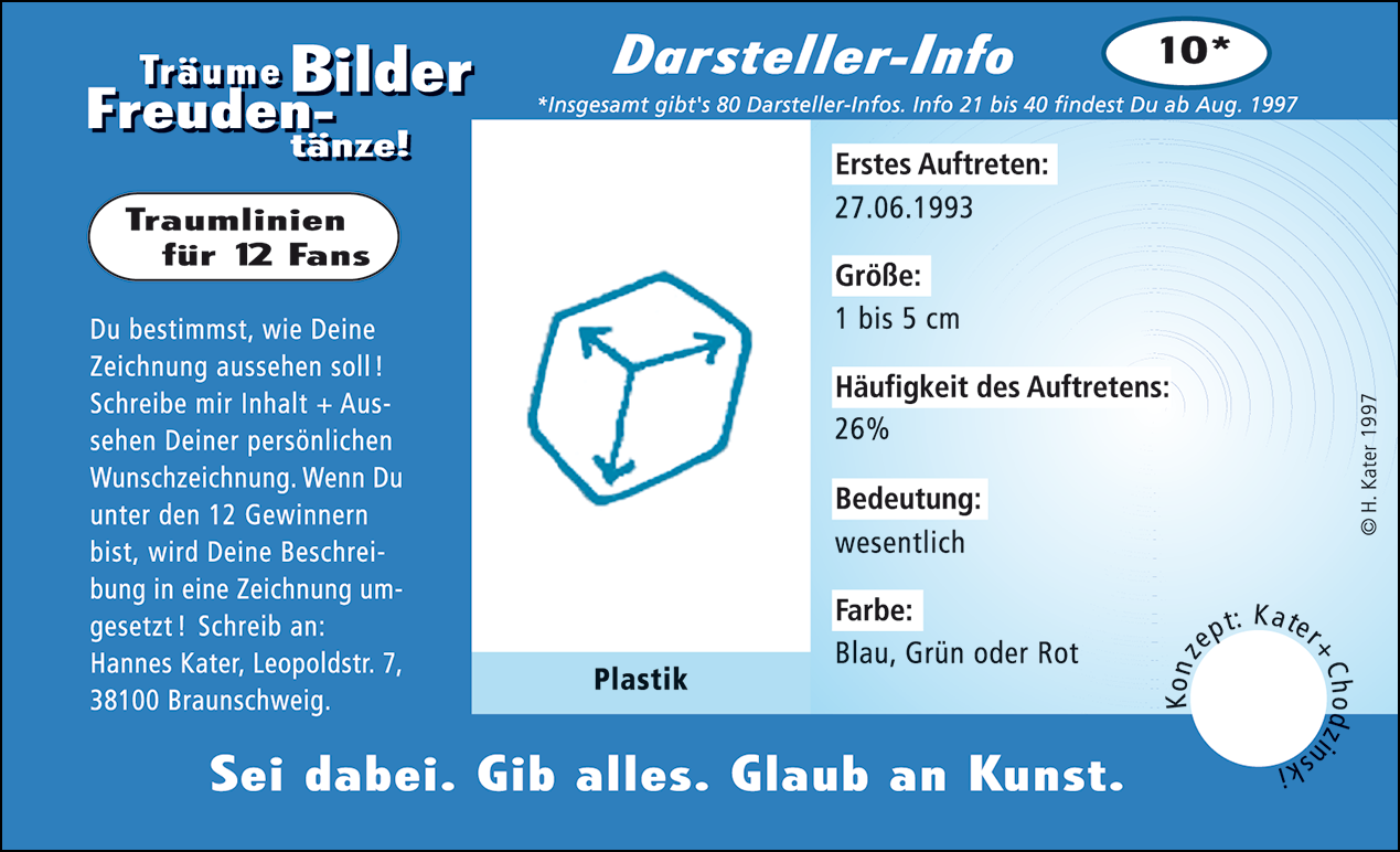Hannes Kater: Auftragsk&auml;rtchen *10 Plastik, Vorderseite, Version von 1997